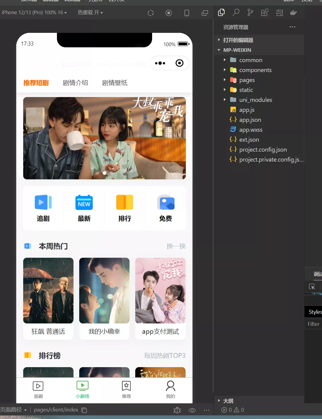 【仿抖音滑动小短剧】影视带支付收益等模式的微信小程序源码插图